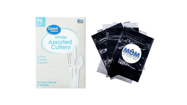 Assorted Plastic Disposable Cutlery Set, White, includes 32F/32S/32K - 1 pack - 96 Count per pack - plus 3 My Outlet Mall Resealable Storage Pouches