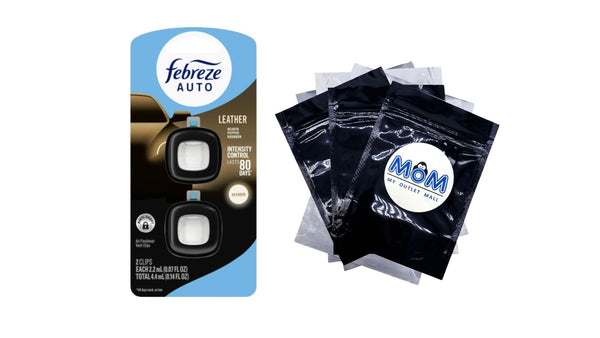 Auto Car Air Freshener, Odor-Fighting Car Vent Clip, Leather - 1 pack - 2 count per pack plus 3 My Outlet Mall Resealable Storage Pouches