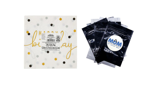 6.5" x 6.5" Disposable Gold/White Happy Birthday Paper Napkins - 1 pack - 20 Count per pack - plus 3 My Outlet Mall Resealable Storage Pouches
