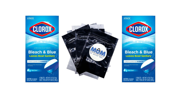 Bleach and Blue Toilet Bowl Cleaner Tablets, Rain Clean - 2 packs - 4 Count  plus 3 My Outlet Mall Resealable Storage Pouches