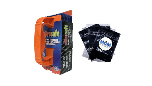 BBQ Grill Scrubber Handle & 3 Heavy Duty Replaceable Blue Nylon Scrubber Pads - 1 pack -  1 count per pack - plus 3 My Outlet Mall Resealable Storage Pouches