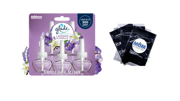 PlugIns Scented Oil 5 Refills, Air Freshener, Lavender & Vanilla Fragrance, Essential Oil Infused Wall Plug In -3.35 oz per pack  - plus 3 My Outlet Mall Resealable Storage Pouches