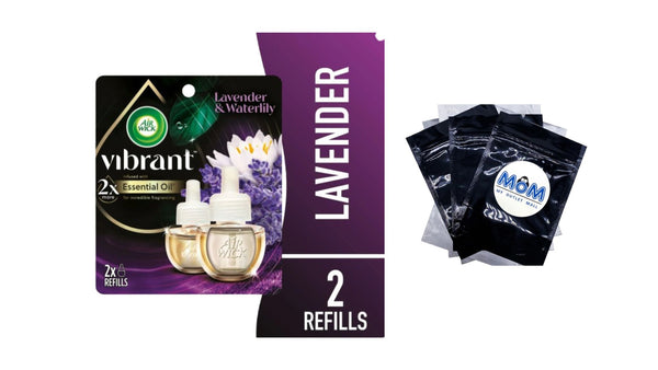 Vibrant Plug in Scented Oil Refill, Air Freshener, Lavender & Waterlily - 1 pack - 2 Count per pack - plus 3 My Outlet Mall Resealable Storage Pouches