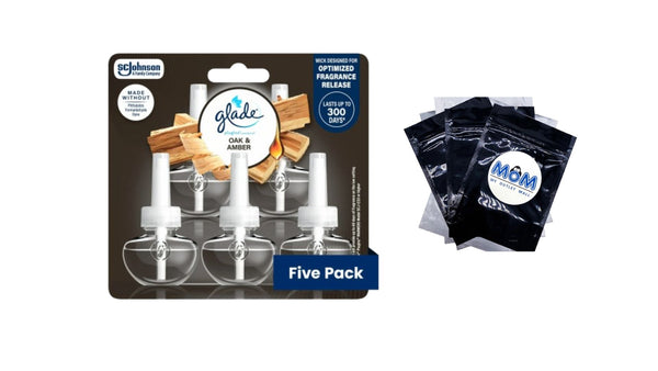 PlugIns Scented Oil 5 Refills, Air Freshener, Oak & Amber, Essential Oil Infused Wall Plug In, 3.35 oz - 1 pack - 5 Count  per pack plus 3 My Outlet Mall Resealable Storage Pouches
