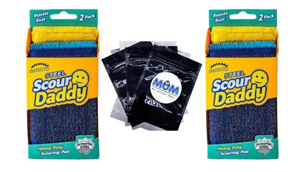 Scour Daddy Steel Scouring Pad Scrub Sponge - Stainless Steel Fibers - Durable, Shred-Resistant Scrubbing Pads - 2 Packs - 3 Counts per pack - plus 3 My Outlet Mall Resealable Storage Pouches
