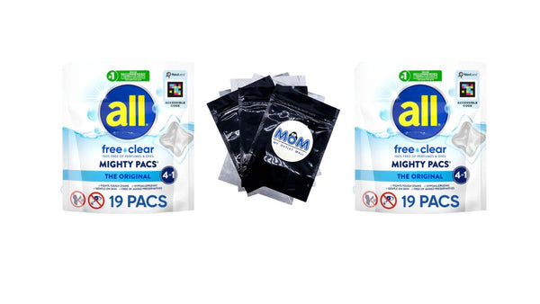Mighty Pacs Laundry Detergent Pacs, Free Clear for Sensitive Skin, Unscented and Dye Free - 2 packs - 19 Count - plus 3 My Outlet Mall Resealable Storage Pouches