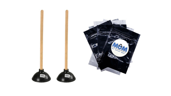 Rubber Toilet Plunger with Wood Handle. Clears Toilets, Sinks, Drains - 2 packs - plus 3 My Outlet Mall Resealable Storage Pouches