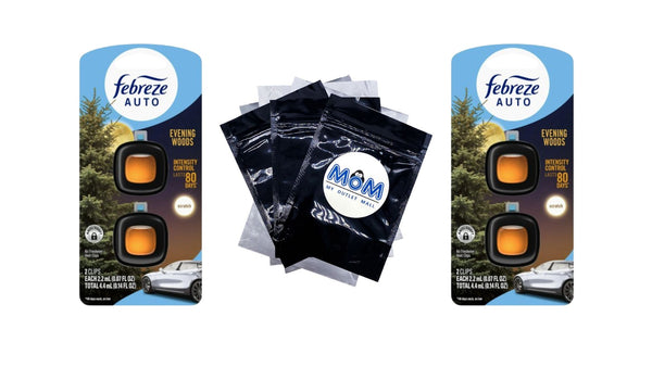 Auto Car Air Freshener, Odor-Fighting Car Vent Clip, Evening Woods, 2 Count - 2 packs - plus 3 My Outlet Mall Resealable Storage Pouches