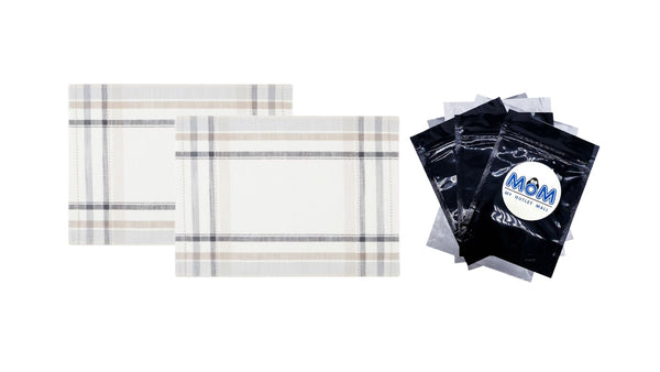 Monday Plaid Fabric Placemat, Beige, 14" W x 20" L - 2 packs - plus 3 My Outlet Mall Resealable Storage Pouches