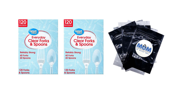 Plastic Everyday Clear Fork and Spoon Combo - 2 packs - 120 Count per pack - plus 3 My Outlet Mall Resealable Storage Pouches