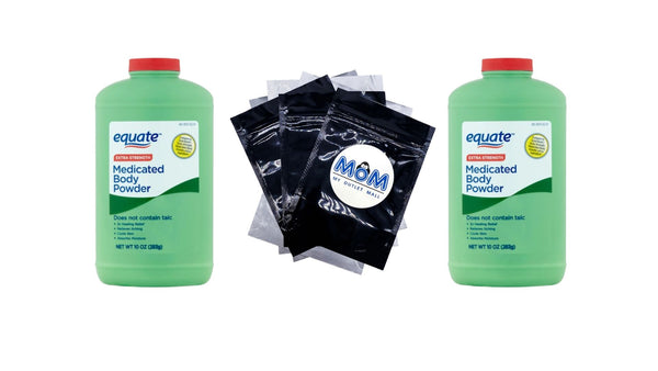 Extra Strength Medicated Body Powder, Eucalyptus Scent - 2 packs - 10 oz per pack - plus 3 My Outlet Mall Resealable Storage Pouches