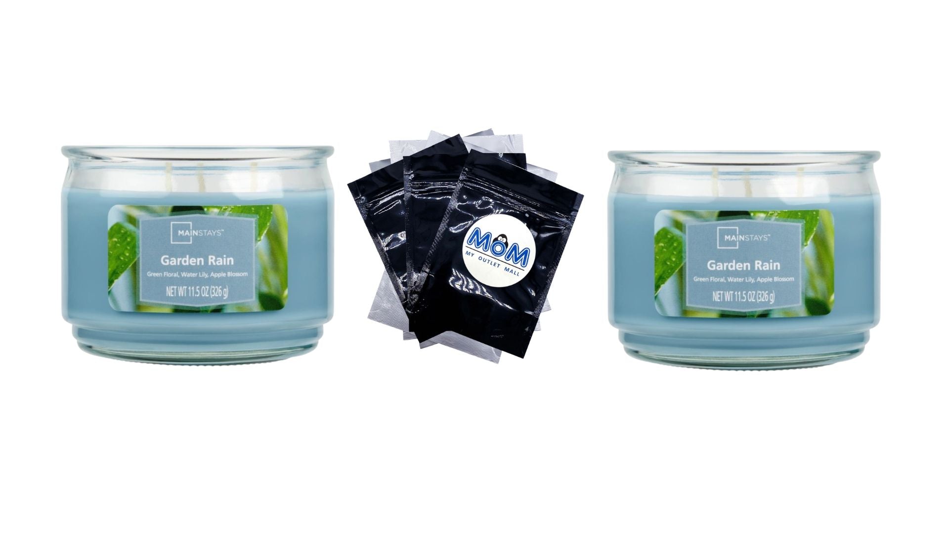 Garden Rain Scented 3-Wick Glass Jar Candle - 2 packs - 11.5 oz per pack - plus 3 My Outlet Mall Resealable Storage Pouches