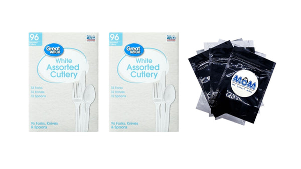 Assorted Plastic Disposable Cutlery Set, White, includes 32F/32S/32K - 2 packs - 96 Count per pack - plus 3 My Outlet Mall Resealable Storage Pouches