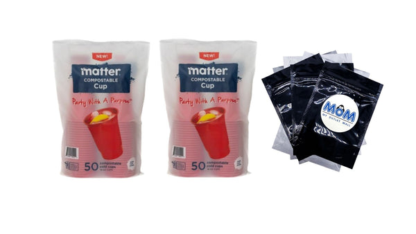 Compostable Disposable Cups, 18 oz, Red - 2 packs - 50 Count per pack - plus 3 My Outlet Mall Resealable Storage Pouches