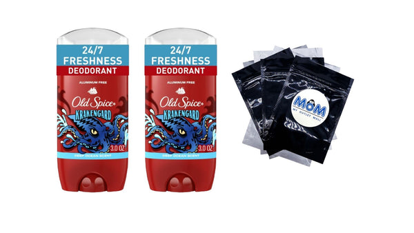 Old Spice Aluminum Free Deodorant for Men, Stick, Krakengard, Deep Ocean Scent - 2 packs - 3 oz per pack - plus 3 My Outlet Mall Resealable Storage Pouches