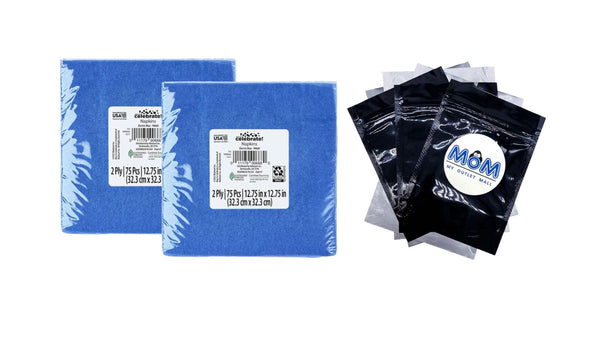 6.5" x 6.5" Disposable Blue Paper Napkins - 2 packs - 75 Count per pack - plus 3 My Outlet Mall Resealable Storage Pouches