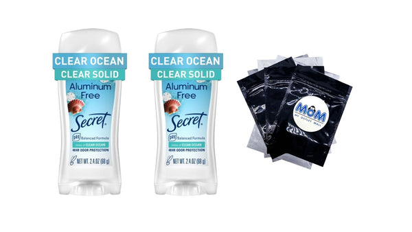 Aluminum Free Clear Solid, Clear Ocean Scent - 2 packs - 2.4 oz per pack - plus 3 My Outlet Mall Resealable Storage Pouches