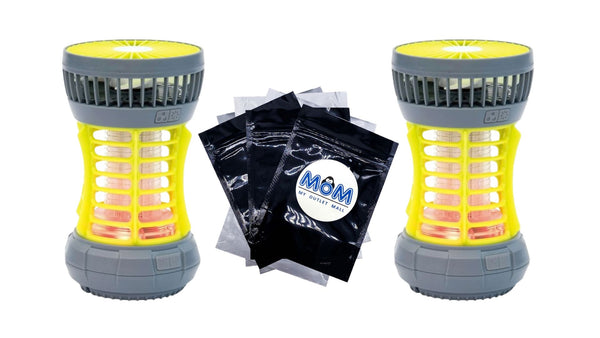 Bug Zapper, Yellow, 2-in-1 Fan & LED Light, Outdoor Use, Electronic 5V, Rechargeable - 2 packs - plus 3 My Outlet Mall Resealable Storage Pouches
