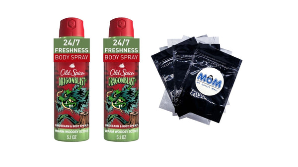 Aluminum Free Body Spray for Men, Dragonblast, Warm Woodsy Scent - 2 packs - 5.1 oz per pack - plus 3 My Outlet Mall Resealable Storage Pouches