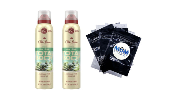 Whole Body Deodorant for Men, Total Body Deodorant, Aloe + Rain, Aluminum Free Spray for 24/7 Freshness - 2 packs - 3.5 oz per pack - plus 3 My Outlet Mall Resealable Storage Pouches