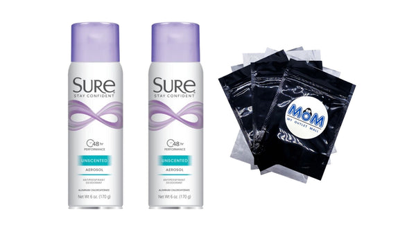 Antiperspirant Deodorant Spray, Unscented, Women - 2 packs - 6 oz per pack - plus 3 My Outlet Mall Resealable Storage Pouches