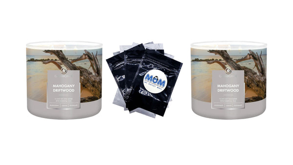 Mahogany Driftwood Scented 3 Wick Jar Candle - 2  packs - 14.5 oz per pack - plus 3 My Outlet Mall Resealable Storage Pouches