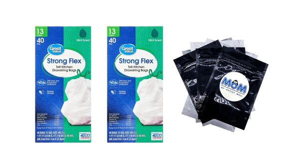 Strong Flex Tall Kitchen Drawstring Bags, Mint Scent, 13 Gallon - 2 packs - 40 Count per pack - plus 3 My Outlet Mall Resealable Storage Pouches