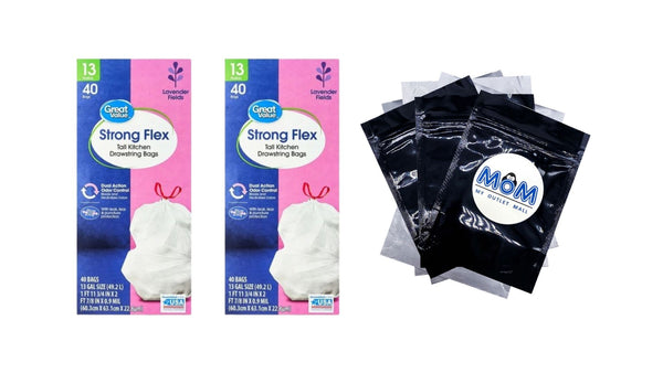 Strong Flex 13-Gallon Drawstring Tall Kitchen Trash Bags, Lavender Fields - 2 packs - 40 Count per pack - plus 3 My Outlet Mall Resealable Storage Pouches