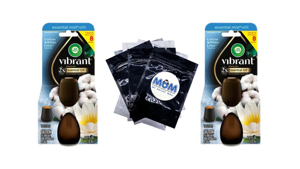 Essential Mist - Vibrant Refill, Cotton and White Lotus - 2 packs - plus 3 My Outlet Mall Resealable Storage Pouches