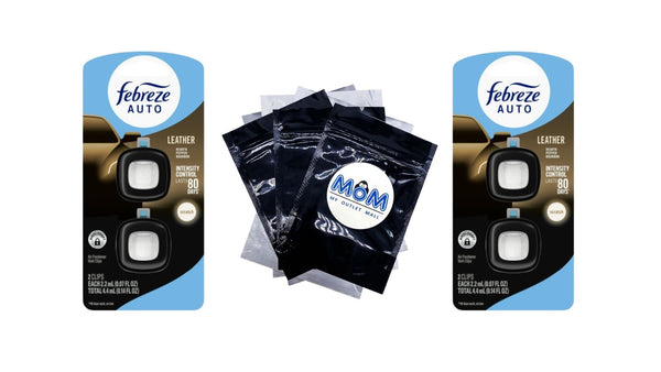Auto Car Air Freshener, Odor-Fighting Car Vent Clip, Leather - 2 pack - 2 count per pack plus 3 My Outlet Mall Resealable Storage Pouches
