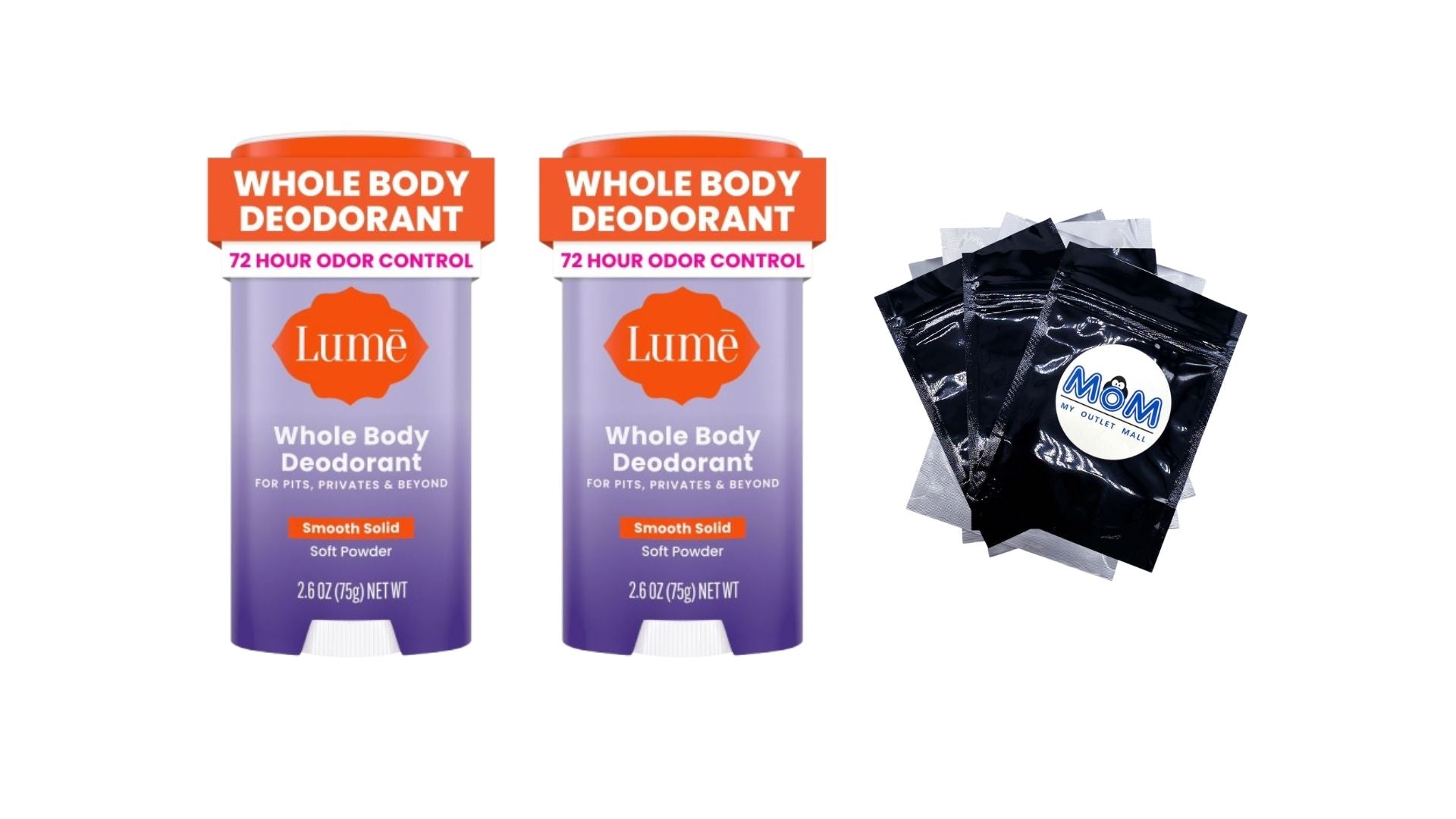 Whole Body Women’s Deodorant Smooth Solid Stick Aluminum-Free, Soft Powder - 2 packs - 2.6 oz per pack - plus 3 My Outlet Mall Resealable Storage Pouches