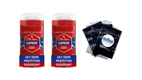 Aluminum Free, Men's Deodorant Invisible Solid Stick, Captain Scent - 2 packs - 3 oz per pack - plus 3 My Outlet Mall Resealable Storage Pouches