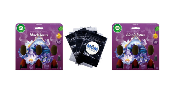 Essential Mist Refill, Black Lotus & Violet, Air Freshener, Essential Oils 3 count  - 2 packs - plus 3 My Outlet Mall Resealable Storage Pouches
