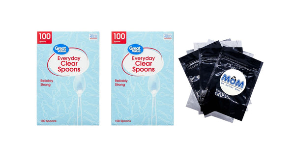 Plastic Everyday Clear Spoons - 2 packs - 100 Count per pack - plus 3 My Outlet Mall Resealable Storage Pouches