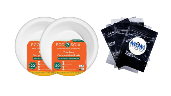 Plant-Based Compostable Disposable Bowls, 16 oz - 2 packs - 20 Count per pack - plus 3 My Outlet Mall Resealable Storage Pouches