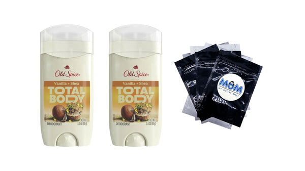 Whole Body Deodorant for Men, Aluminum Free Vanilla + Shea Butter, 24/7 Total Body Freshness, Anti-chafe Stick - 2 packs - 3 oz per pack - plus 3 My Outlet Mall Resealable Storage Pouches