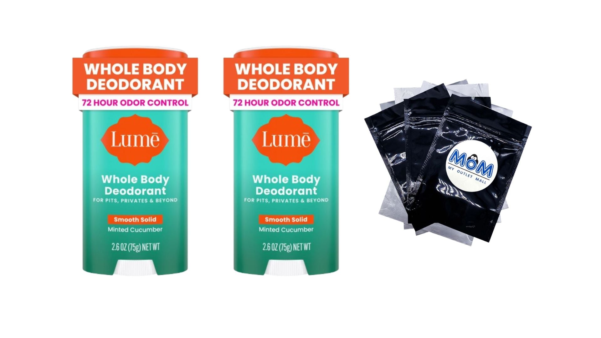 Whole Body Women’s Deodorant Smooth Solid Stick Aluminum-Free, Minted Cucumber - 2 packs - 2.6 oz per pack - plus 3 My Outlet Mall Resealable Storage Pouches