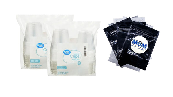 Disposable Plastic Cups with Lids, White, 5.5 oz - 2 packs - 25 Count per pack - plus 3 My Outlet Mall Resealable Storage Pouches