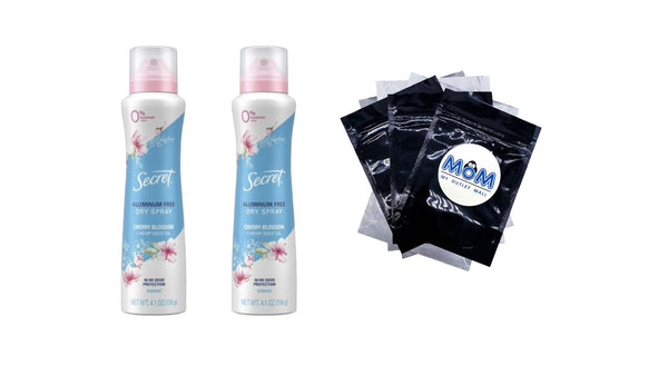 Aluminum Free Dry Spray Deodorant, Cherry Blossom - 2 packs - 4.1 oz per pack - plus 3 My Outlet Mall Resealable Storage Pouches