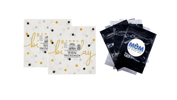 6.5" x 6.5" Disposable Gold/White Happy Birthday Paper Napkins - 2 packs - 20 Count per pack - plus 3 My Outlet Mall Resealable Storage Pouches