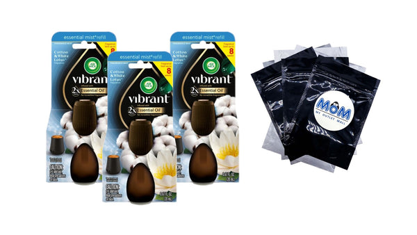 Essential Mist - Vibrant Refill, Cotton and White Lotus - 3 packs - plus 3 My Outlet Mall Resealable Storage Pouches