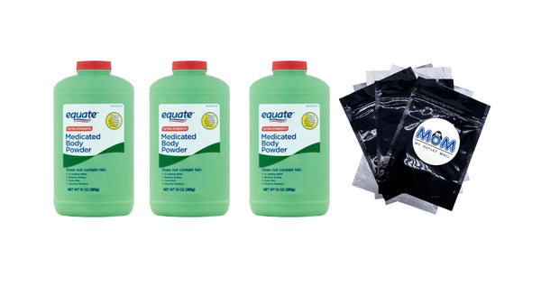 Extra Strength Medicated Body Powder, Eucalyptus Scent - 3 packs - 10 oz per pack - plus 3 My Outlet Mall Resealable Storage Pouches