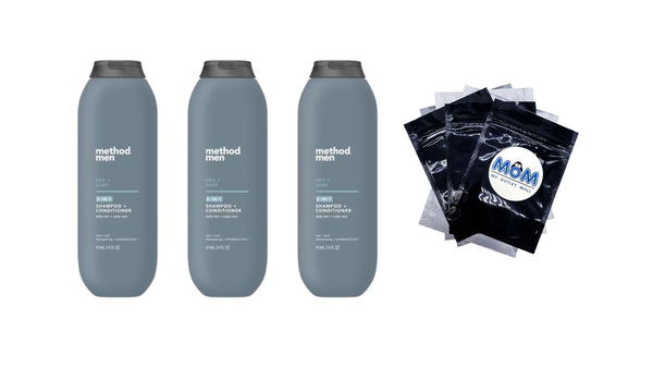 Men 2-in-1 Shampoo + Conditioner, Sea + Surf - 3 packs - 14Fl oz per pack - plus 3 My Outlet Mall Resealable Storage Pouches