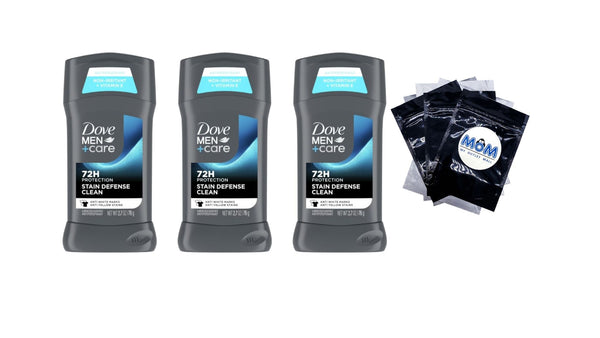 Men+Care Deodorant Stick for Men, Anti-white Marks Stain Defense Clean - 3 packs - 2.7 oz per pack - plus 3 My Outlet Mall Resealable Storage Pouches