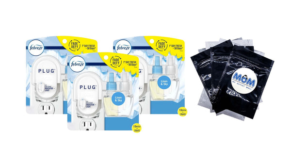 Plug In Air Freshener, Odor-Fighting Oil Kit, Linen & Sky, Warmer and 1 Refill - 3 packs - plus 3 My Outlet Mall Resealable Storage Pouches