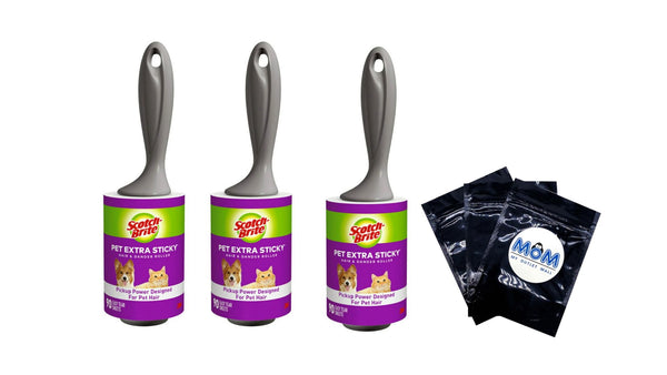 Extra Sticky Pet Lint roller - 3 Packs  - 90 sheets per Roller - plus 3 My Outlet Mall Resealable Storage Pouches