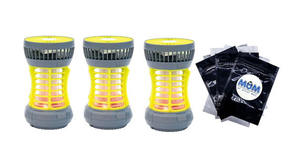 Bug Zapper, Yellow, 2-in-1 Fan & LED Light, Outdoor Use, Electronic 5V, Rechargeable - 3 packs - plus 3 My Outlet Mall Resealable Storage Pouches