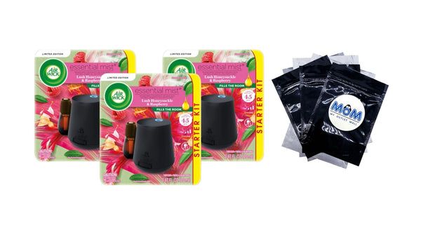 Essential Mist Starter Kit (Diffuser + Refill) Lush Honeysuckle and Raspberry Scent - 3 packs - plus 3 My Outlet Mall Resealable Storage Pouches
