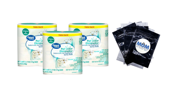 Automatic Air Freshener Spray Refill, Pet Odor Eliminator, Twin pack - 3 packs - plus 3 My Outlet Mall Resealable Storage Pouches