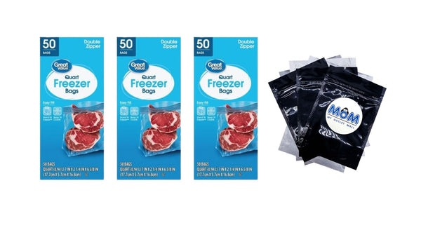 Freezer Guard Double Zipper Freezer Bags, Quart - 3 packs - 50 Count per pack - plus 3 My Outlet Mall Resealable Storage Pouches